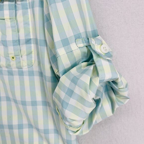 COLUMBIA Top Womens M PFG SUPER BAHAMA Plaid Roll Tab Fishing Button Down White - Picture 8 of 16